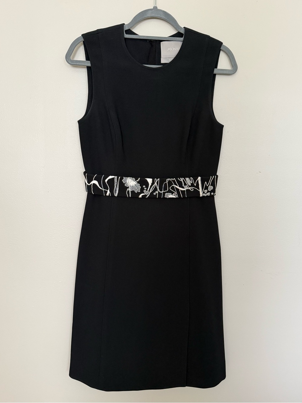 Jason Wu Black Sleeveless Sheath Dress with Black & White Embroidered Waist
